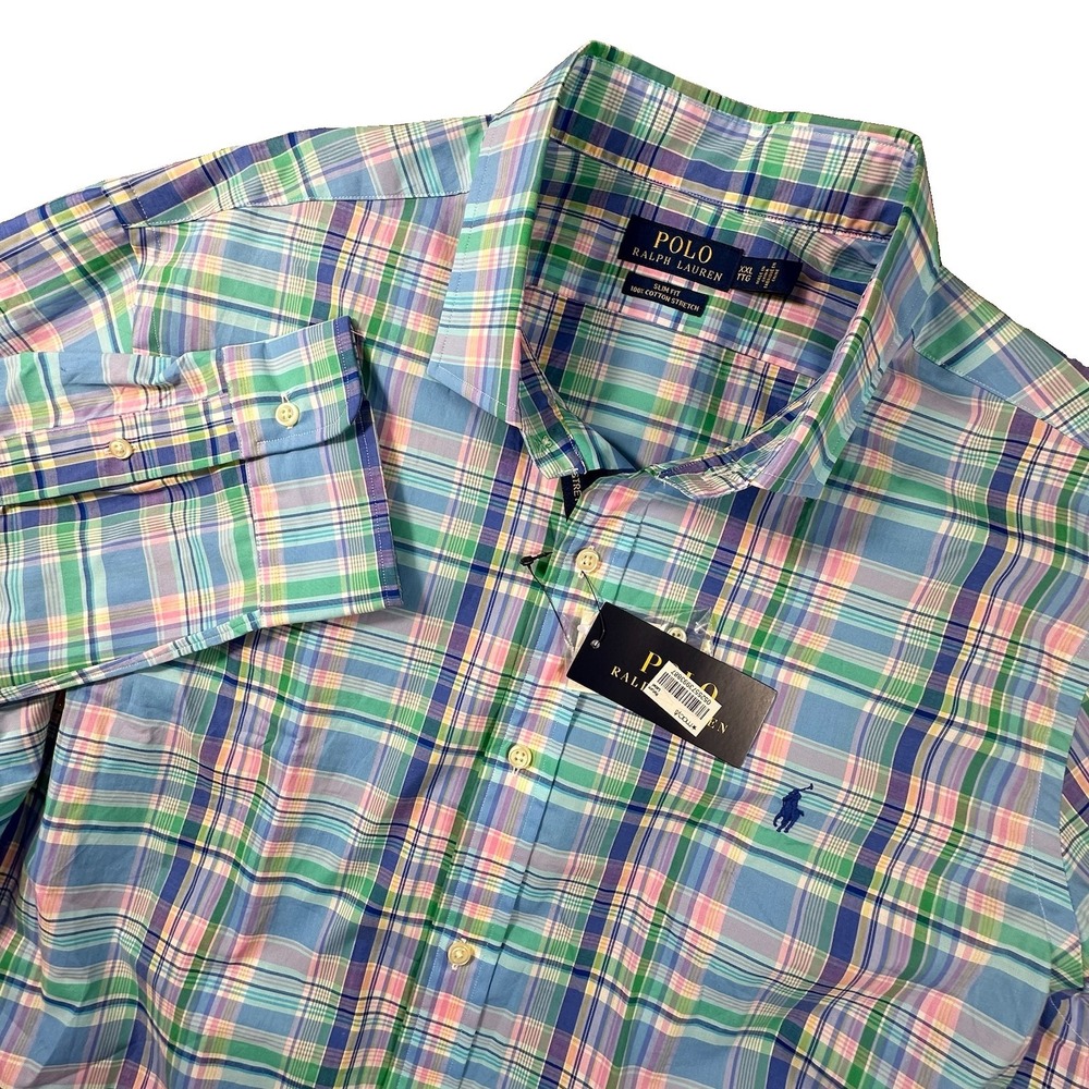 Polo Ralph Lauren Mens Slim Fit XXL Plaid Long Sleeve Oxford Button Up Stretch